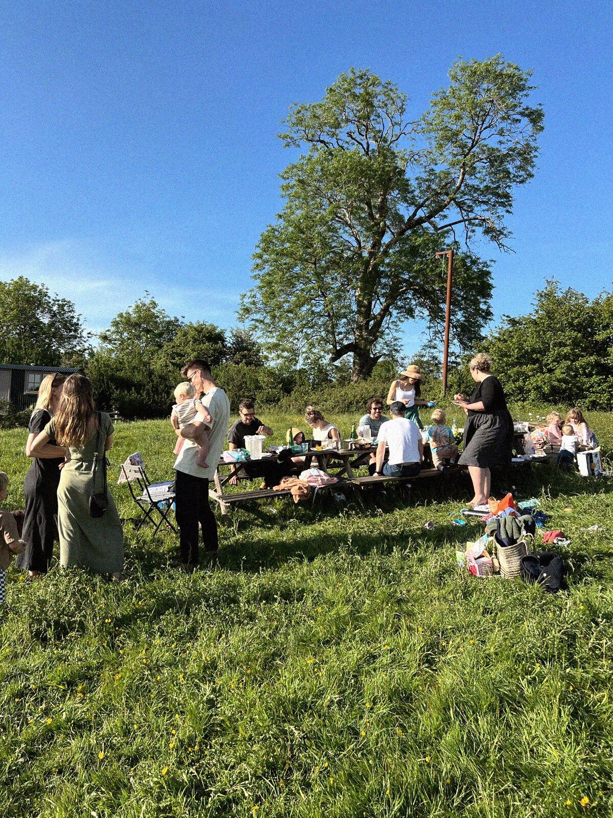 Friends and families gathered around a picnic table in the meadow at Fallow Retreats